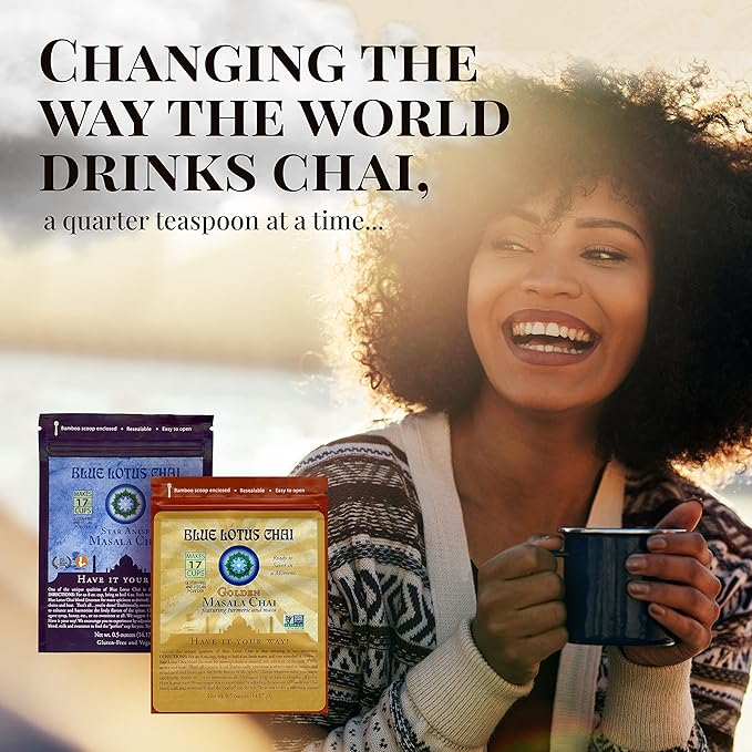 Blue Lotus Chai - Traditional Masala Chai - Makes 17 Cups - 0.5 oz Pouch Masala Spiced Chai Powder with Organic Spices - Instant Indian Tea No Steeping - No Gluten