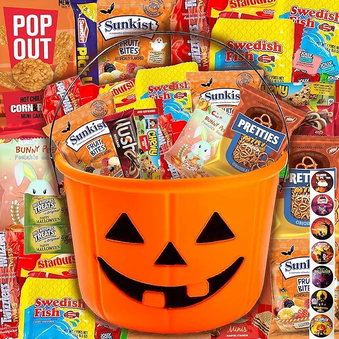 Halloween Assorted Pumpkin Bucket (44 Count) Filled with Candies, Snacks, Cookies and more, Treats for Family, Friends, Kids, Boys and Girls
