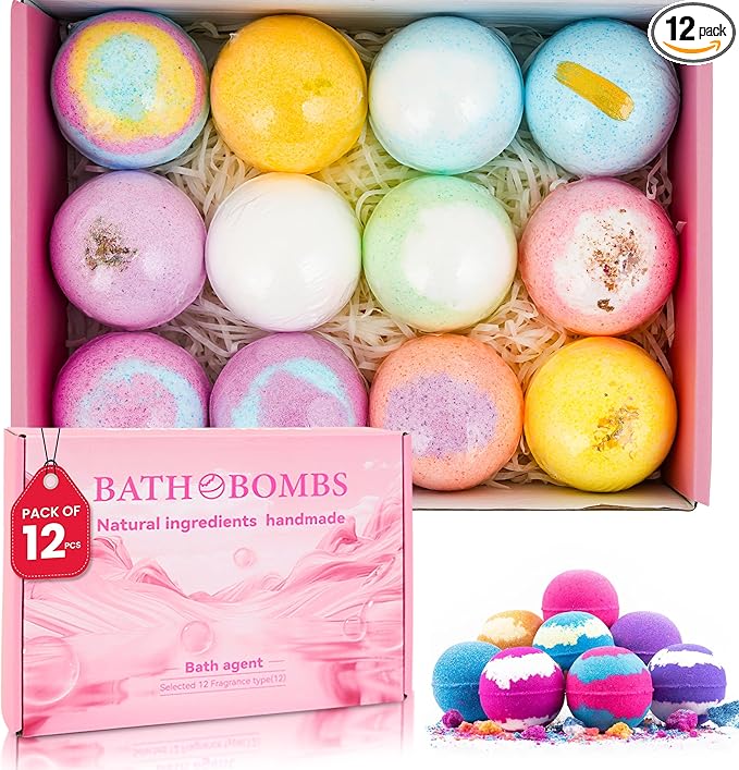 Bath Bombs for Women Pack of 12 Handmade for Women Gift Set, All Natural with Essential Oils, Shea Butter & Luxurious Bubbles - Relaxing Bath Bombs for Adults, Spa Fizzies, Moisturizing Bath Balls