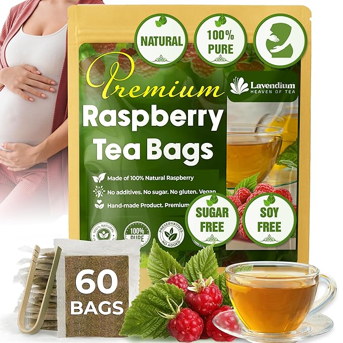 Lavendium, Premium 60 Raspberry Leaf Tea Bags, 100% Natural & Pure. Loose Leaf Raspberry Herbal Tea. No Sugar, No Caffeine, No Gluten, Vegan.