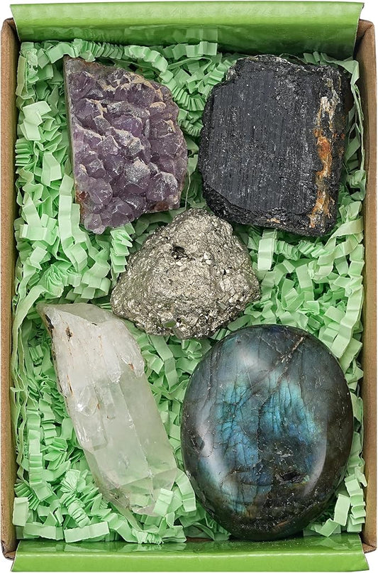 QianCannaor Protection Clarity Abundance Crystal Set – Amethyst Cluster, Pyrite, Black Tourmaline, Clear Quartz, Labradorite Healing Crystals for Meditation, Energy, and Spiritual Balance
