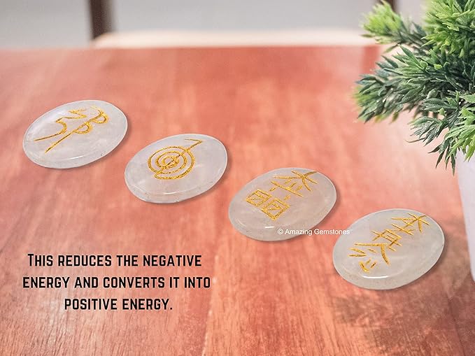 Amazing Gemstone Rose Quartz Crystal Reiki Stones with Engraved Symbols for Usui Reiki Healing, Set of 4 Pcs (Indian Handmade Reiki Gift Set)