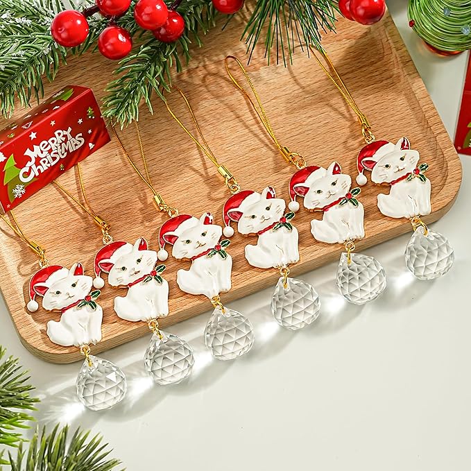 H&D HYALINE & DORA 6 Pcs Cat Ornaments for Christmas Tree White Cat Suncatcher with Rhinestones Gifts for Pet Lovers, Women Christmas Ornament 2025