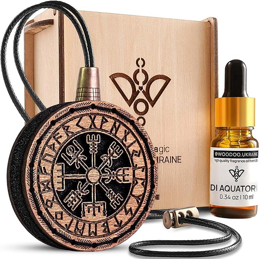 Wood Car Air Freshener — Handmade Car Air Freshener — Vegvisir Designed Fragrance Oil Diffuser in Wooden Gift Box — Aromatherapy Gift Set with diAquatoria Fragrance Oil - 10 ml