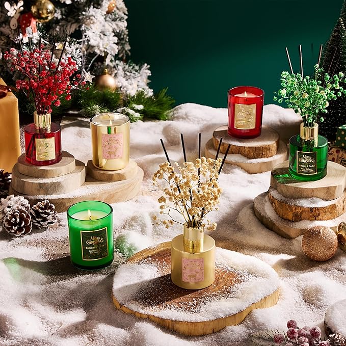 Airkeep Christmas Reed Diffuser Set - 3.38 fl oz (100 ml) Christmas Spice Oil for Home Fragrance, Bathroom Shelf Decor - Christmas Day with 8 Sticks
