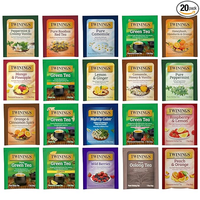 Twinings Herbal and Green Tea Bag Sampler, Assortment Variety Pack (20 Count) 20 Different Flavors for Tea Lovers: Her, Him, Women, Men, Couples, Family, Friends, Coworkers