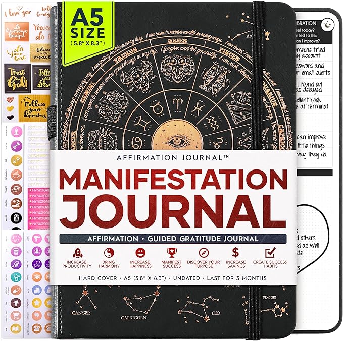 Manifestation Journal - 5 Minute Manifesting & Self Care Journal | 90-Day Undated Daily Planner for Positivity, Affirmations & Gratitude | Guided Mindfulness, Reflection | Vision Board + Stickers