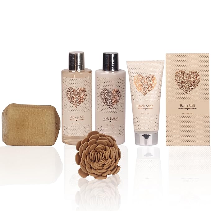 Spa Gift Basket – Bath and Body Set with Vanilla Fragrance by Lovestee - Gift Basket Includes Shower Gel, Body Lotion, Hand Lotion, Bath Salt, Eva Sponge and a Bath Puff