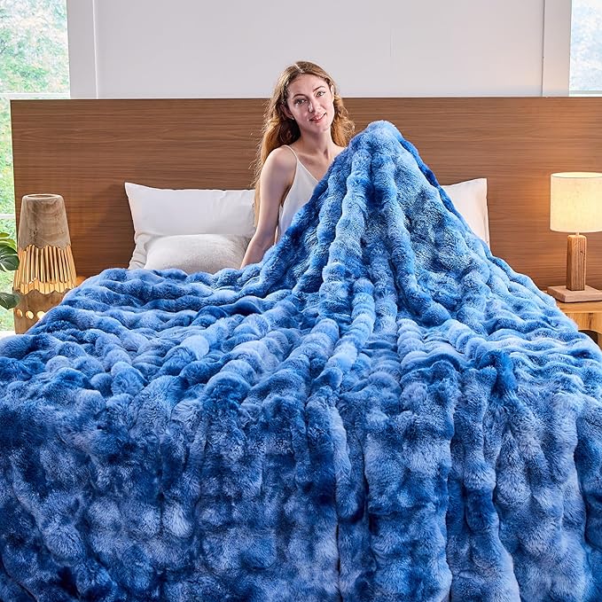 Lotus Karen Faux Fur Throw Blanket Tie-Dye Blue - Big Bubble Rabbit Fluff Blanket for Couch,Small Fluffy Fuzzy Cozy Blanket,Thick Furry Plush Shaggy Blankets,60x80 Inches
