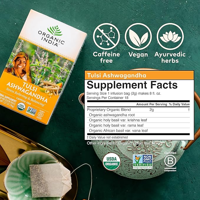 ORGANIC INDIA Calming Tulsi Ashwagandha Herbal Tea - Holy Basil Tea with Ashwagandha Root, Supports Restful Sleep - Adaptogen, Vegan, USDA Certified Organic, Non-GMO - 18 Infusion Bags, 3 Pack
