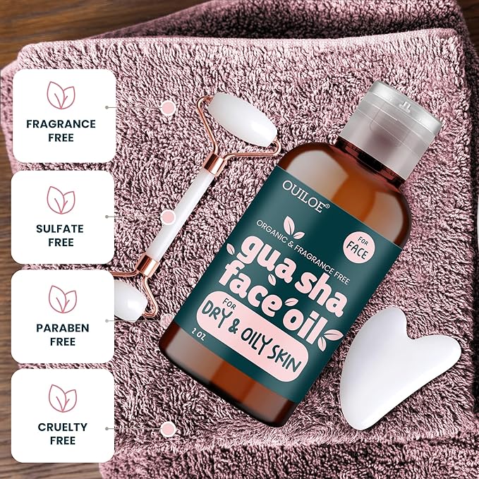 Guasha Oil for Oily Skin - Face Oil for Gua Sha Lymphatic Massage - Safe for Acne Prone Skin - Natural, Non Comedogenic, Fragrance Free and Lightweight - Use with Gua Sha Facial Tools, 2oz