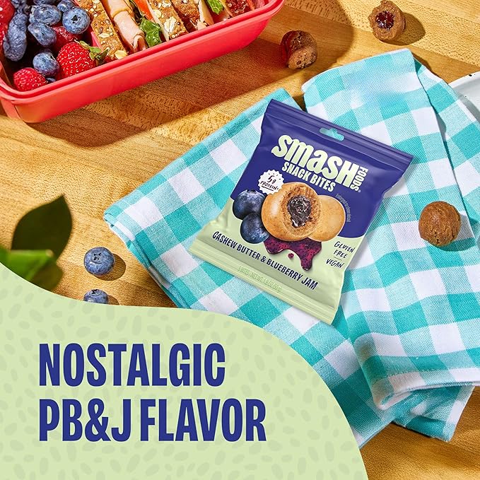 Smash Foods Blueberry Energy Bites | 5 Gluten-Free Vegan Snack Balls with No Sugar Added | 5g Protein, Superfood Jam, Chia Seeds | On-the-Go Convenience | Cashew Butter & Blueberry | 8 Packs