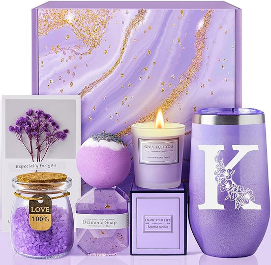 Gifts for Women, Mom, Wife, Girlfriend, Sister, Friends, Her - Unique Birthday, Christmas, Valentine's Day, Mothers Day Gifts - Initial Lavender Spa Gift Basket Set (K)