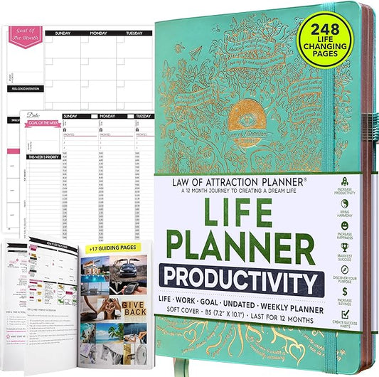 Law of Attraction Planner – Undated Hourly, Weekly & Monthly Goal Setting Planner, 12-Month to Increase Productivity | Life & Gratitude Journal, Include Foldable Vision Board, Gift Box & Stickers