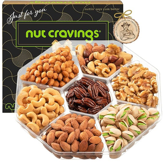 NUT CRAVINGS - Diwali Sweets Hamper Mixed Nuts Gift Basket in Black Gold Box (7 Assortments, 1 LB) Food Arrangement, Healthy Snack Care Package, Food Assortments