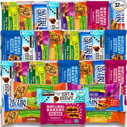 Healthy Snacks Mixed and Assorted Granola Bars Variety Care Pack - Deluxe Box: Fig, Oat, Nut, and Fruit Bars for Adults, Kids, Office, Gifts, and Travel (32 Count)
