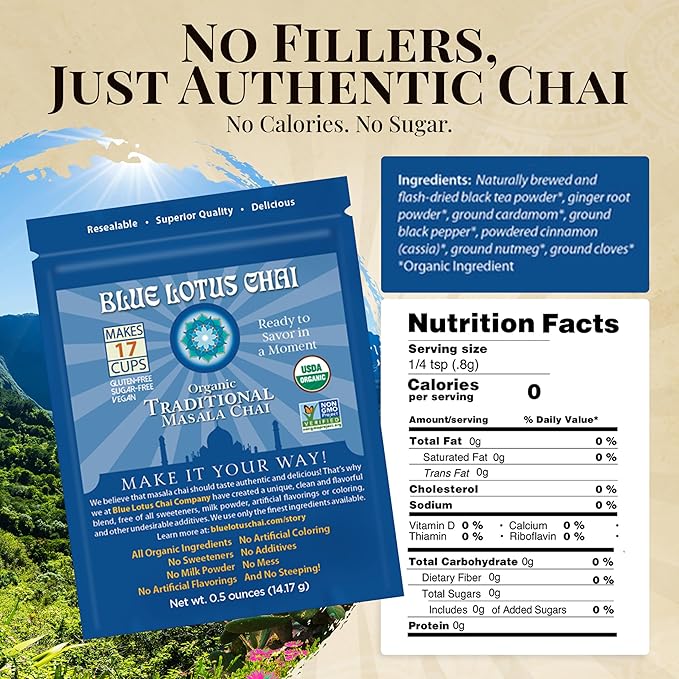 Blue Lotus Chai Tea - Fully Organic Traditional Masala Chai - Makes 17 Cups - 0.5 Ounce Masala Spiced Chai Powder with Organic Spices - Instant Indian Tea No Steeping - No Gluten