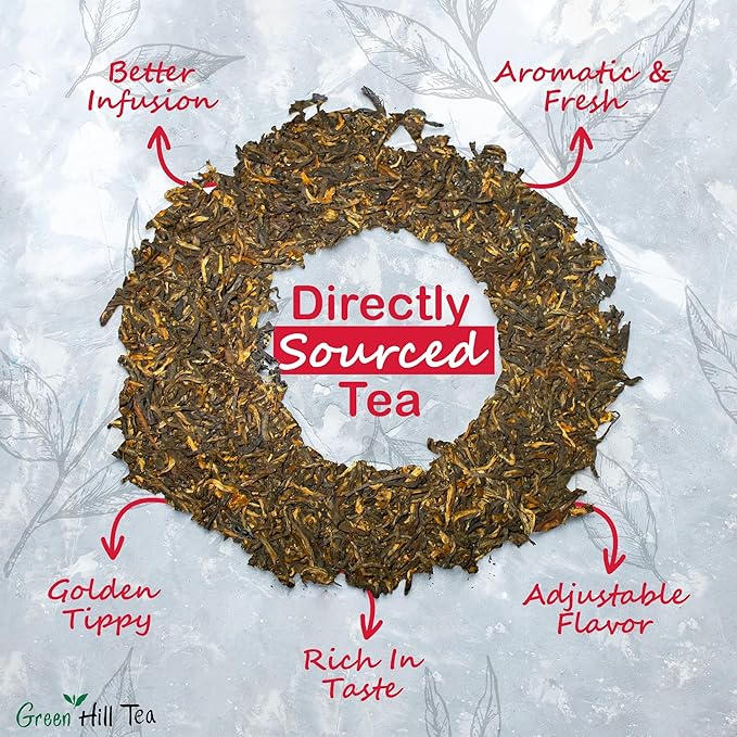 Greenhilltea Golden yunnan tea, Yunnan Gongfu Black Tea, Natural Black Tea with Excellent fullness with subtle sweetness– 3.5 Oz Bag