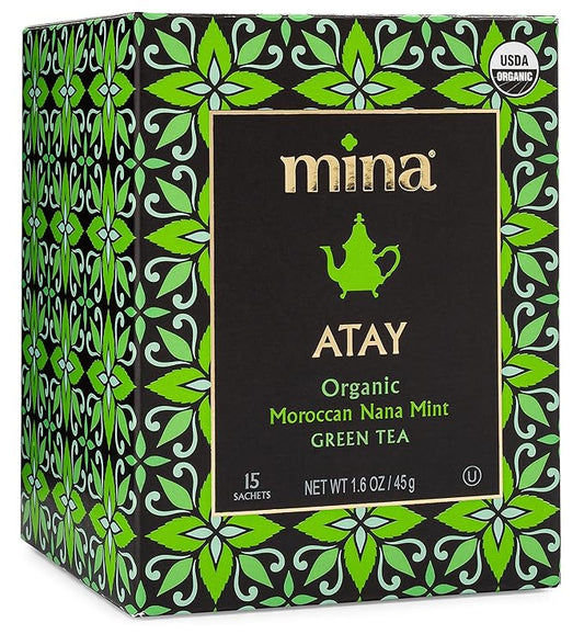 Mina Atay Moroccan Nana Mint Organic Green Tea, 15 Biodegradable Sachets - Refreshing Moroccan Mint Green Tea Bags, Moroccan Mint Tea Bags, Low in Caffeine