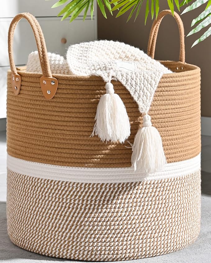 KAKAMAY Large Blanket Basket (18"x18"x16"),Woven Baby Laundry Hamper for Storage, Cotton Rope Blankets Baskets for Nursery, Laundry, Living Room, Pillows, Baby Toy chest with Handles (Brown)