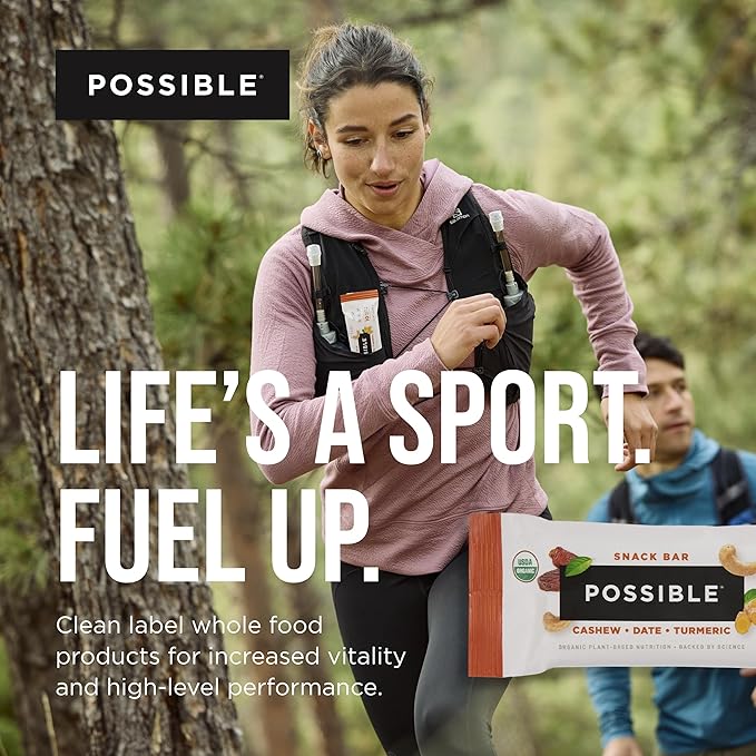POSSIBLE Snack Bar - Organic Energy Bars with 10g of Plant-Based Protein - Vegan, Gluten-Free, Non-Dairy, USDA Organic - Healthy Fats - Clean Label - 1 Box, 12 Servings - Cashew Date Turmeric
