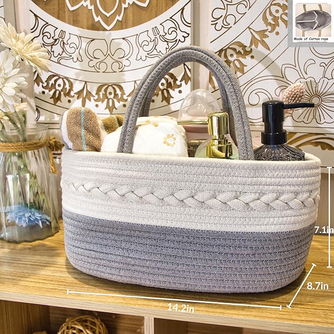 Baby Diaper Caddy Girl Boy Organizer Small Woven Baskets With Handle, Cotton Rope Tote For Shower Nursery, Decorative Small Storage Baskets For Shelves,Unique Gift Baby