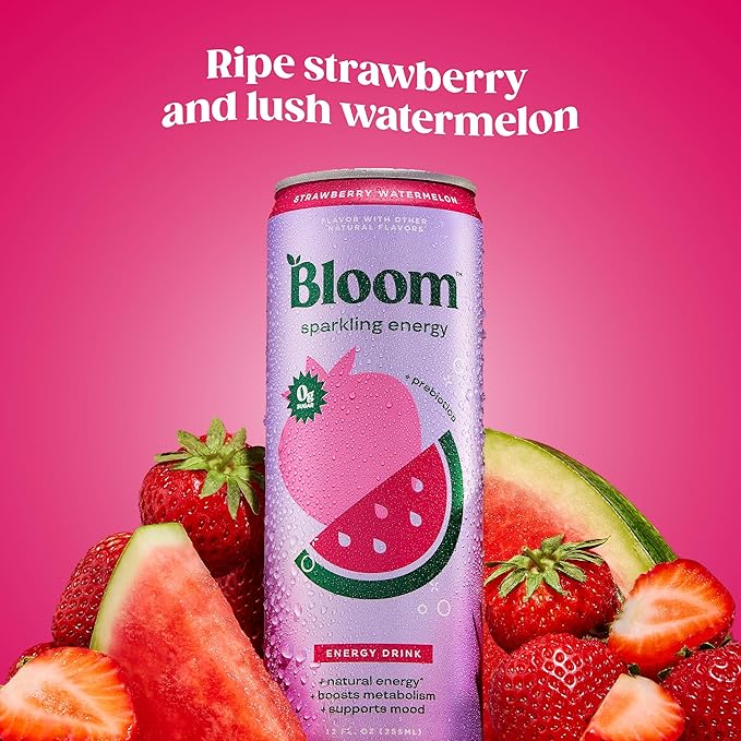Bloom Nutrition Sparkling Energy Drink - Natural Caffeine, Zero Sugar, 180mg Caffeine - Antioxidant-Rich with Green Coffee Bean, Green Tea Extract, Prebiotics - Strawberry Watermelon - 12oz 24 Pack