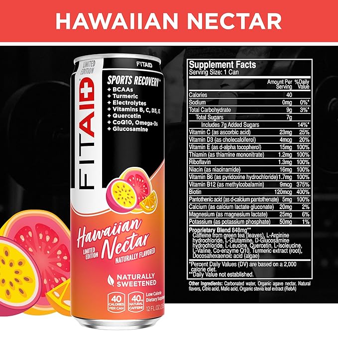FITAID Recovery Blend, Variety Pack, BCAAs, Glucosamine, Electrolytes, Omega-3s, Green Tea, 100% Clean, Paleo, Vegan & Gluten-Free, Naturally Sweetened & Flavored, 12-oz. cans (Pack of 12)