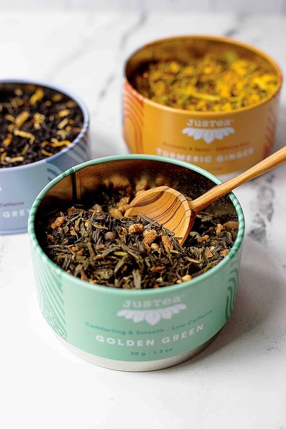 JusTea Assorted Tea Trio | Stacking Tins Variety Pack with Hand Carved Spoon | Loose Leaf Tea | Variable Caffeine | Award-Winning | Fair Trade | Non-GMO