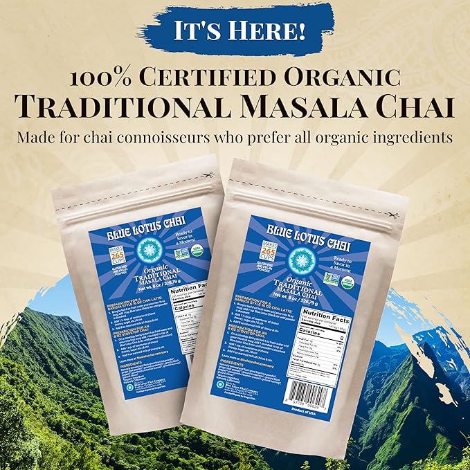 Blue Lotus Chai – Fully Organic Traditional Masala Chai - Makes 265 Cups – Just Add Hot Water, No Steeping, No Gluten - 8 Ounce Masala Spiced Chai Powder with Organic Spices – Authentic Indian Tea