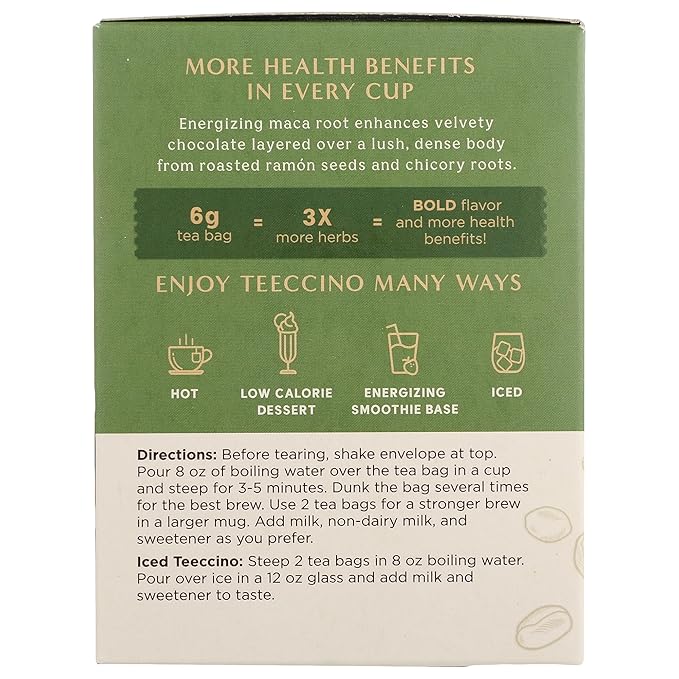 Teeccino Maca Chocolaté Herbal Tea - Rich & Roasted Herbal Tea That’s Caffeine Free & Prebiotic with Natural Energy from Adaptogenic Peruvian Maca, 10 Tea Bags (Pack of 6)