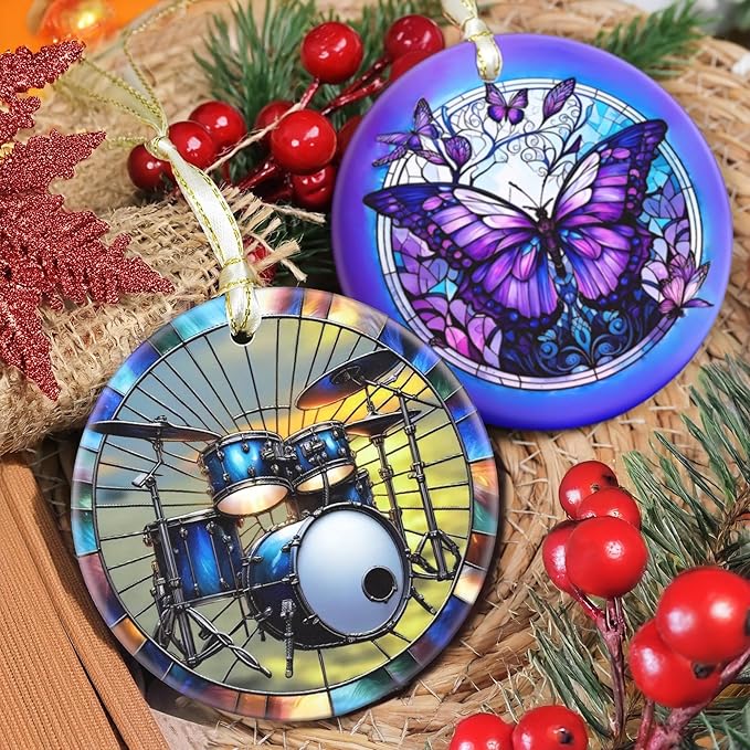 Christmas Ornament - Drum Set Decor Round Ceramic Hanging Ornament - Christmas Tree Decor - Gifts for Drum Players - Themed Ornaments