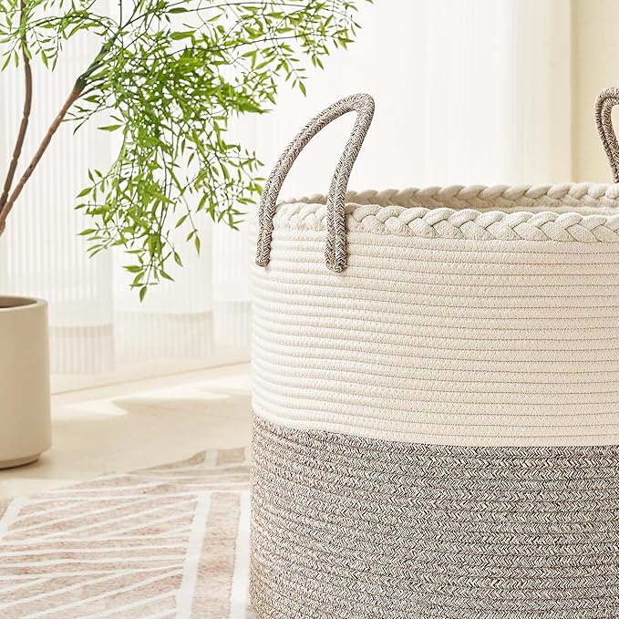 KAKAMAY Large Blanket Basket (18"x18"x16"),Woven Baby Laundry Hamper for Storage, Cotton Rope Blankets Baskets for Nursery, Laundry, Living Room, Pillows, Baby Toy chest with Handles (White/Beige)