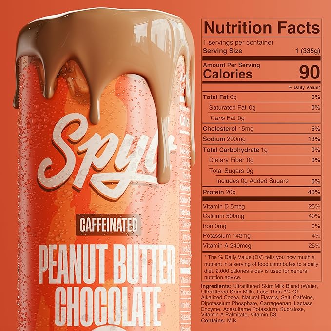 Spylt High Protein Peanut Butter Chocolate Milk with 60mg Caffeine & 20g Protein - 90 Calories, Ready to Drink, Sugar Free, Lactose Free Milk, Perfect for Workout Recovery & Afternoon Pick Me Up - 12 Count
