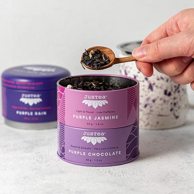 JusTea PURPLE TEA TRIO | 3 Flavour Tin Variety Pack with Hand Carved Tea Spoon| 45+ Cups of Loose Leaf Tea | Very Low Caffeine | Fair Trade | Non-GMO
