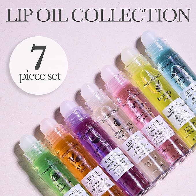 EXPRESSIONS 7pc Lip Oil Collection with Essential Oils - Hydrating Roll On Lip Oils Infused w/Natural Healing Essential Oils - Rollerball Lip Oils, Vitamin Enriched Lip Glow Oil Set