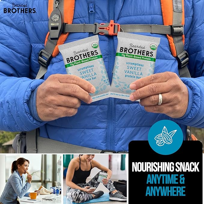 Bearded Brothers Organic Protein Bars, Vanilla (10 Pack) - 11g of Plant Based Protein Gluten Free Vegan, Non-GMO Healthy Snacks for Adults Good Source of Fiber