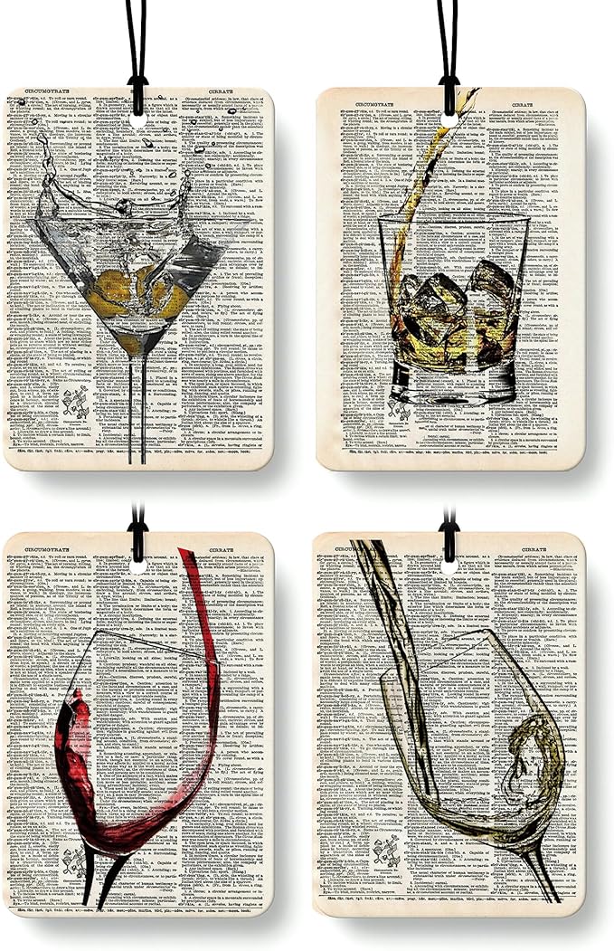 Vintage Alcohol Themed Car Air Freshener 4 Pcs, Retro Martini Whisky Wine Hanging Air Freshener for Bar Cars Closet Drawer Books, Alcohol Lovers Gifts Car Accessories Mirror Decor for Women