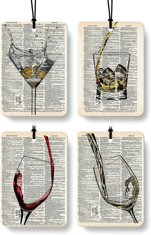 Vintage Alcohol Themed Car Air Freshener 4 Pcs, Retro Martini Whisky Wine Hanging Air Freshener for Bar Cars Closet Drawer Books, Alcohol Lovers Gifts Car Accessories Mirror Decor for Women