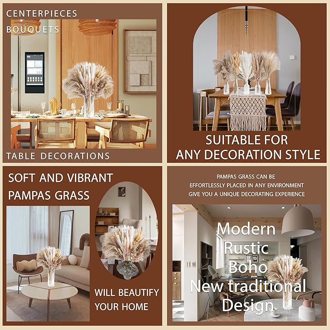 180PCS Natural Dried Pampas Grass Boho Home Decor Bouquet Phragmites Dried Flowers Bouquet for Wedding Floral Arrangements Home Decorations (180PCS)