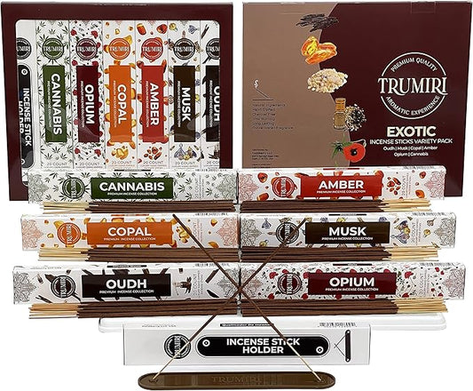 Exotic Incense Sticks Variety Pack - 120 Insence-Sticks (6 Incents x 20 Insense) - Copal Amber Oud (Agarwood) Musk - Natural Inscents-Sticks Non Toxic Incienso + Incense Holder for Men Women