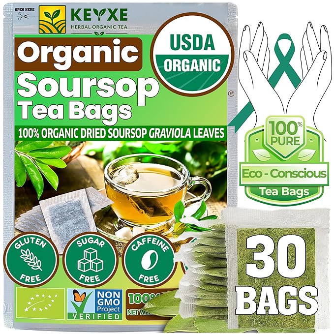 KEYXE Organic Soursop (Graviola) Tea Bags – Caffeine-Free, 30 Tea Bags