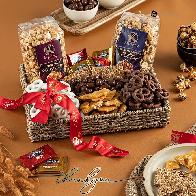 KREMERY Creamy Chocolate Cravings - Thank You Appreciation, Chocolate Covered Pretzels & Caramel Popcorn Gift Basket, in Seagrass Tray + Ribbon & Greeting Card (Deluxe, 3.5 lbs) Food Assortments
