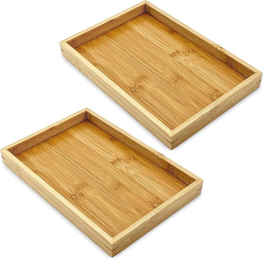 Bam & Boo (2-Pack) Natural Bamboo Rectangle Serving & Vanity Tray - for Kitchen, Bathroom, Countertop, Coffee Table (11" x 7.5" x 1.2")