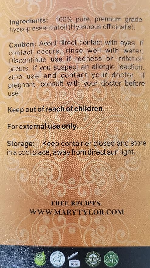 Hyssop Essential Oil (1 oz), Premium Therapeutic Grade, 100% Pure and Natural, Perfect for Aromatherapy, Relaxation, Improved Mood and Much More by Mary Tylor Naturals