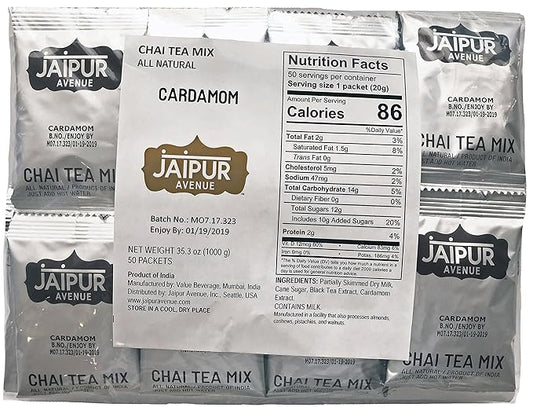 Jaipur Avenue Cardamom Chai Tea Mix Crafted with All-Natural Assam Black Tea, Cardamom, Cane Sugar, and Premium Dry Milk - Preservative-Free, Gluten-Free, Authentic Indian Chai Tea Latte (50 Packets)