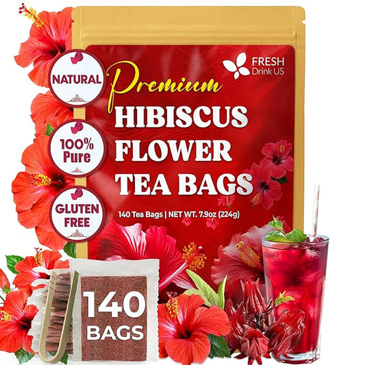 FreshDrinkUS, Premium 140 Hibiscus Flowers Tea Bags, 100% Natural, Handmade & Pure from Hibiscus Flowers. No Sugar/Caffeine/Gluten, Vegan. Tart & Refreshing, Hot or Ice Tea, Great For All Seasons