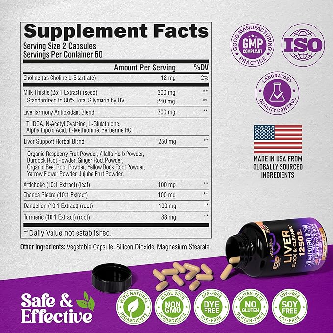 Liver Cleanse Detox & Repair - Milk Thistle | Dandelion | Artichoke | TUDCA | Glutathione & NAC - Effective Liver Health Supplement | 80% Silymarin - Laboratory Tested, Vegan - Made in USA 120 Caps