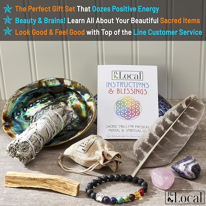 Aura Chakra Smudging Kit - White Sage Smudge Sticks, Palo Santo, Amethyst, Rose Quartz, Abalone Shell, Stand & Chakra Bracelet