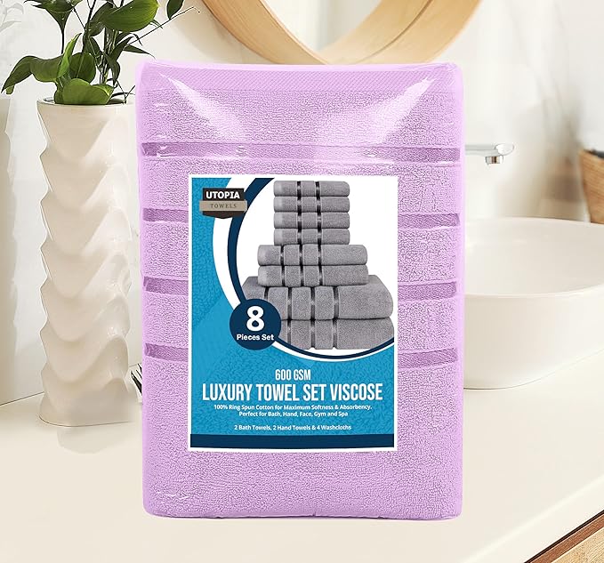 Utopia Towels 8 Piece Luxury Towel Set, 2 Bath, 2 Hand, and 4 Wash Cloths, 600 GSM Ring Spun Cotton, Highly Absorbent Viscose Stripe Towels, Ideal for Everyday use, Lavender
